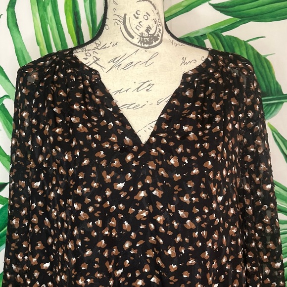 Kasper XL Black Brown Abstract Spotted Textured Sheer Peasant Sleeve Office Top - Picture 1 of 9